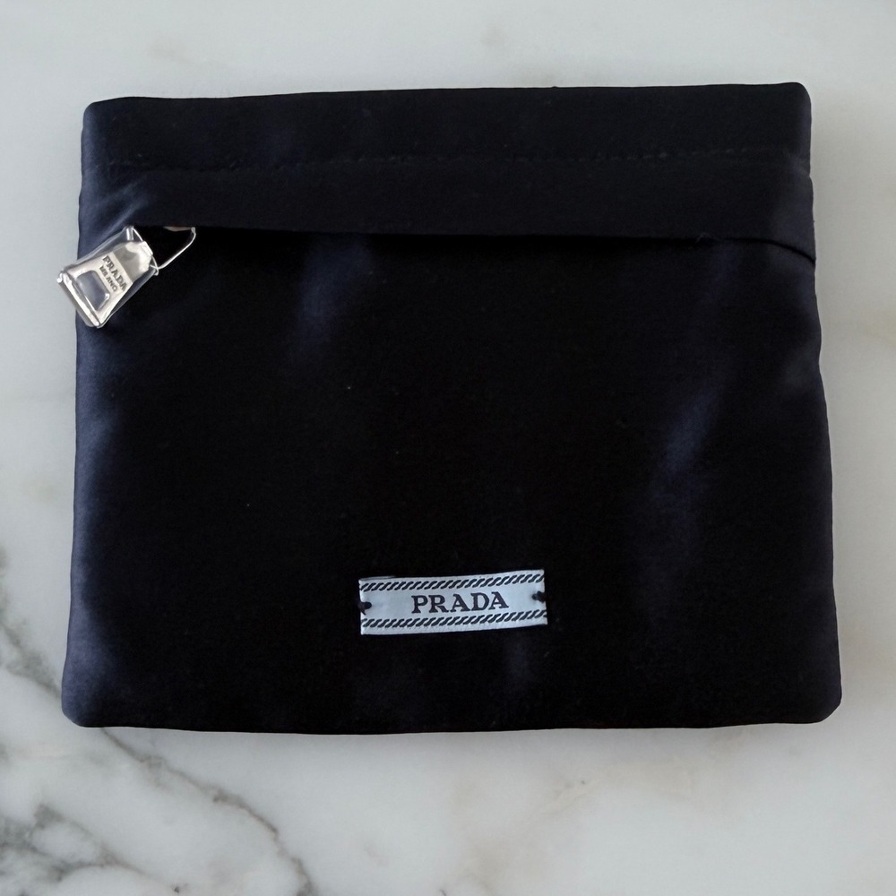 Prada Black Satin Zipper Pouch Logo Tag Mini Clutch Jewelry Dust Bag